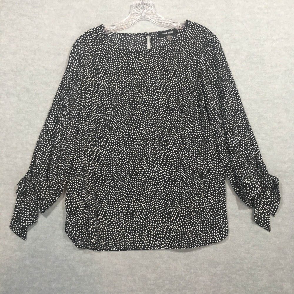 Nine West Small Black White 3/4 Sleeve Career Blouse  Tie Accents Polka Dots EUC